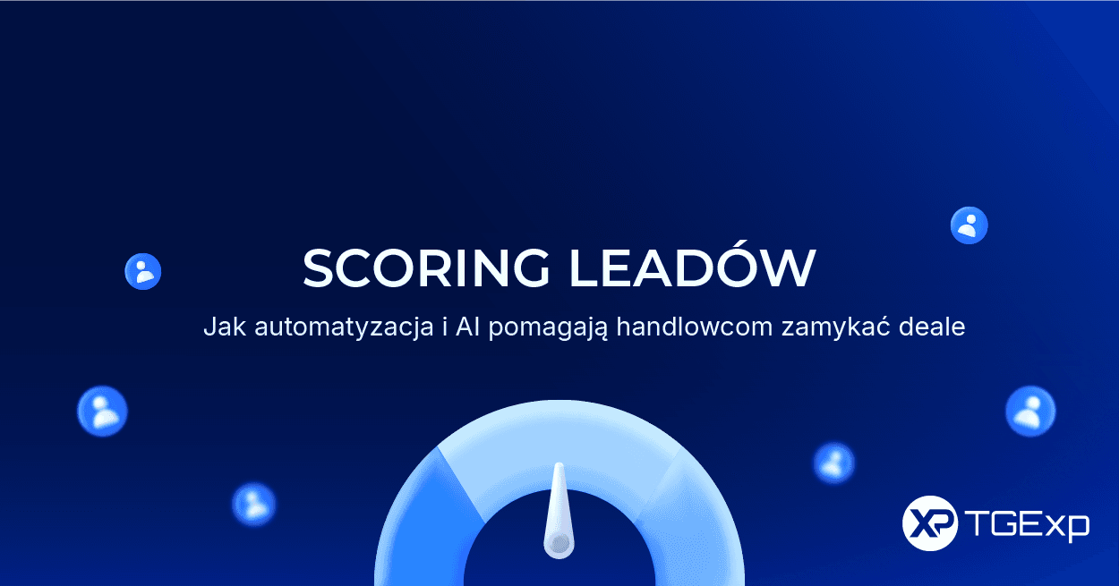 scoring leadów – wskaźnik oceny z ikonami użytkowników na niebieskim tle, TGExp
