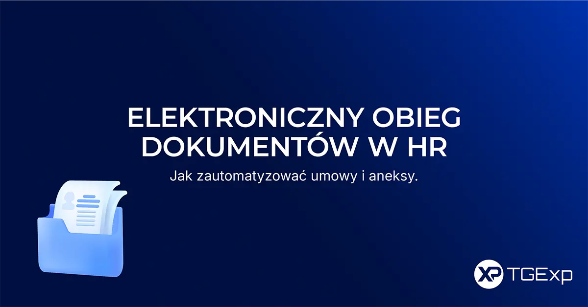 Grafika z napisem „Elektroniczny obieg dokumentów w HR” i ikoną teczki z dokumentami, logo TGExp